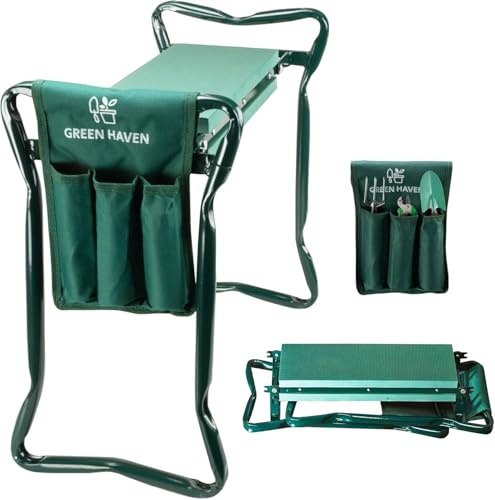 Green Haven Garten-Kniesitz mit Griffen und Werkzeugtasche, strapazierfähiger, Faltbarer Kniehocker für Gartenarbeit, Eva-Schaum, gepolsterte Garten-Kniepolster, Geschenk für Gärtner und ältere