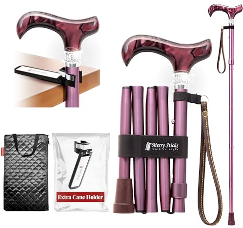 Merry Sticks Faltbarer Verstellbarer Designer Gehstock, Faltstock, Königliches Burgund mit Europäischen Kristallen, Enthält eine praktische Stocktasche und EIN Reflektierender Stockhalter