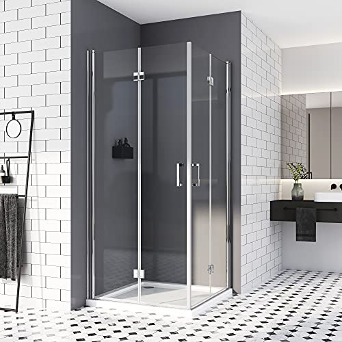 Duschkabine 90x90,Eckeinstieg Dusche Falttür 180º Duschabtrennung 6mm Nano-Beschichtung ESG Glas 195cm
