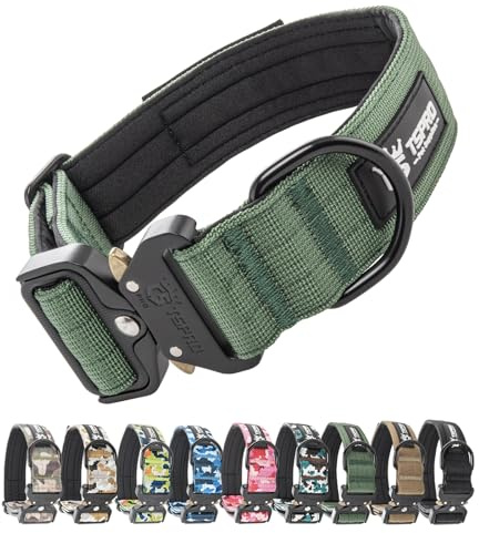 TSPRO Taktisches Hundehalsband mit Metall-Schnellverschluss & Klettfläche | Verstellbar & Schwer, 3,8 cm Breit mit Plaketten & Weicher Polsterung für Mittlere & Große Hunde, Spaziergänge, Grün L