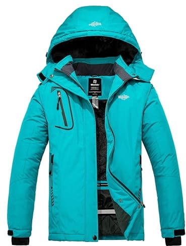 Wantdo Damen Berg Ski Jacke Wärmer Winter Fleece Mäntel Wasserdichter Atmungsaktive RegenMäntel Outdoor Kapuzen Windbreaker Jacken Dunkles Türkis L