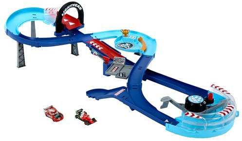 Mattel Disney und Pixar Cars Spielset mit 2 Spielzeugautos, Lightning McQueen und Francesco Bernoulli, GRC Sprung-Rennstrecke Trackset mit manuellem Beschleuniger, HXJ32
