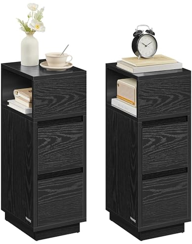 VASAGLE Kailyn Kollektion - Nachttisch 2er Set, schmal, Beistelltisch 2 Schubladen, offenes Fach nach Links oder rechts flexibel montierbar, Schlafzimmer Wohnzimmer, ebenholzschwarz LET856B56
