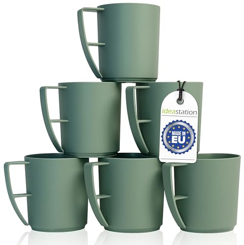 idea-station Plastik Camping Tassen Set 6 x 350 ml - grün-grau matt - bruchsichere Kaffeetassen aus Kunststoff - ideale Plastiktassen mit Henkel für unterwegs
