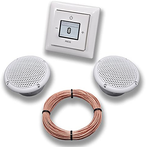 Busch-Jaeger (Original) Unterputz Bluetooth-Radio 8217U alpinweiß Komplett-Set Balance SI +2x Deckenlautsprecher (Feuchtraum/Badezimmer) Einbaulautsprecher+Radio+Abdeckung+Rahmen+20m Lautsprecherkabel