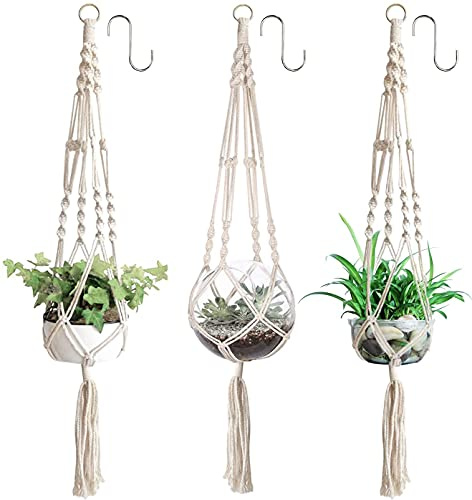 3 Stück Makramee Blumenampel, Blumenampel hängend Innen, Pflanzenaufhänger, Blumentopf Hängend mit Baumwollseil für Innen Außen Decken Balkone Wanddekoration 105 cm Belastung 10 kg