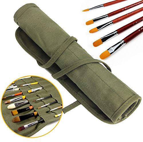 Stifterolle, Jtdeal Rollmäppchen Leinwand Pinseltasche Federmäppchen stifteetui Pinsel Etui Case für Künstler Feder Aquarell Öl-Pinsel,Armee Grün