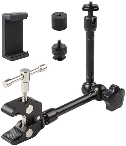 11 Zoll Verstellbarer Gelenkarm Magic Arm, Super Clamp mit 1/4 und 3/8 Schraubenlöchern und Einer Doppelloch-Telefonhalterung für Foto, Video und Kameraausrüstung