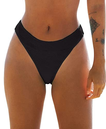 CUPSHE Damen Bikinihose High Cut Mid Waist Cheeky Bikini Badehose Hipster Texturiert Bikini Slip Schwarz L