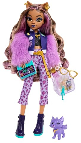 Monster High Clawdeen Wolf-Puppe mit Hund Crescent und Accessoires wie Rucksack, Kalender, Snacks und mehr, HRP65