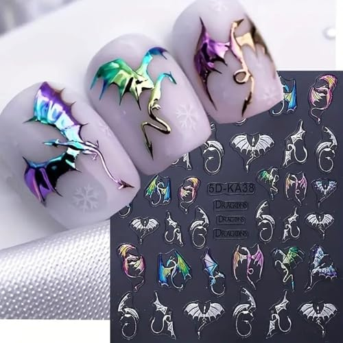 Cesujowaz 2 Sheets 5D Embossed Nail Art Stickers, Silvery Colored Bat Flying Dragon Pattern Self-Adhesive Nail Decals, Halloween Nail Stickers, DIY Nail Art Decoration für Halloween
