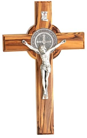 Kassis Geschenkartikel Olivenholz St. Benedikt Kreuz zum Aufhängen Benediktuskreuz Wandkreuz Kruzifix zur Firmung Geburt Kommunion Taufe 12 x 8,5 cm