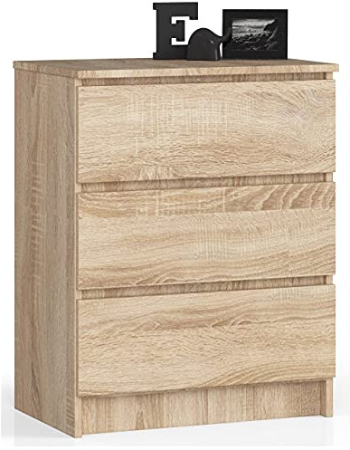 AKORD Kommode K60 mit 3 Schubladen | für das Wohnzimmer Schlafzimmer Schrank Büro Arbeitszimmer | Modernes Funktionales Design | B60 x H77 x T40 cm, Gewicht 25 kgSonoma Eiche