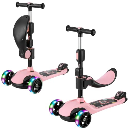 BremToy Roller Kinder mit Abnehmbarer Sitz, Kinder Roller mit Stufenlos Einstellbar, Kinder Scooter mit PU Rädern, Faltbarer Kinderroller für Kinder von 3-12 Jahren