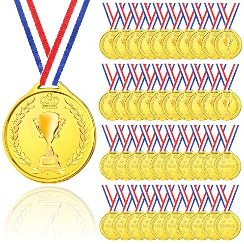 AYSYR Medaille Für Kinder Mit Bandkette, 40 Stück Kunststoff Medaillen | Goldene Gewinnermedaillen Zur Belohnung Bei Schulwettbewerben, Einschulung Und Spielen, Auch Für Erwachsene Geeignet
