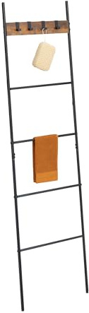 Relaxdays Handtuchleiter, 4 Sprossen & Haken, HxB: 160,5 x 44 cm, Metall, Industrial Wäscheleiter, Bad, schwarz/braun