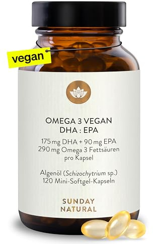 SUNDAY NATURAL® Omega 3 Vegan - 120 Softgel Kapseln - 1.000 mg Algenöl pro Tagesdosis: 350 mg DHA und 180 mg EPA (2 kapseln) - Leicht schluckbare Omega 3 Kapseln - Laborgeprüft