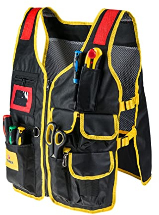 TOPEX Werkzeugweste, 7 Taschen/1 Hammerhalter, Montageweste | Verstellbare Breite, Reißverschluss, Atmungsaktiv, Arbeitsweste mit Weitenverstellung Modell 79R255