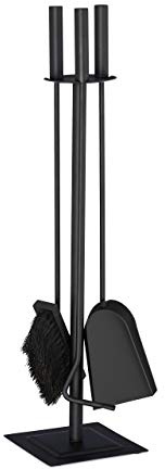 Relaxdays Kaminbesteck, 4-teilige Kamingarnitur mit Schaufel, Besen, Schürhaken & Halter, Ofenbesteck modern, schwarz, 61 x 15 x 15 cm