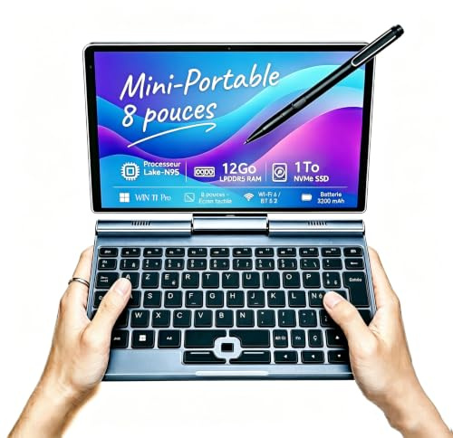 8-Zoll 2-in-1 Mini-Laptop mit QWERTZ-Tastatur, drehbarem HD-Touchscreen | Stiftunterstützung, Win 11 Pro, N95, 12GB RAM, 1TB SSD, Wi-Fi 6, BT 5.2, HDMI, Typ-C, 2MP Kamera
