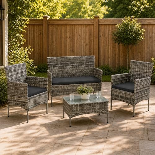 Juskys Polyrattan Sitzgruppe Fort Myers 4 Personen mit 2er Sofa, 2 Stühle, Tisch & Sitzkissen wetterfest grau-meliert Balkonmöbel Gartenmöbel Set