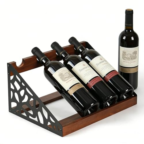 JUJOYBD Industrielles Weinregal für 4 Flaschen, Minimalistischer Weinflaschenhalter für Küche, Esszimmer & Weinkeller, Holz Weinhalter mit Dekorativem Metallmuster, 36 x 24 x 17 cm
