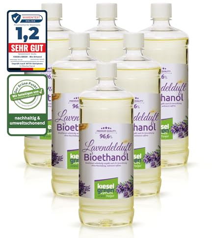 KieselGreen Bioethanol 6 x 1 Liter mit Duft für Ethanol-Kamin, viele Sorten - Bio Ethanol als Raumduft in vielen Duftnoten - Parfüm für Bio Ethanol Kamin Indoor oder Bioethanol Tischfeuer (Lavendel)