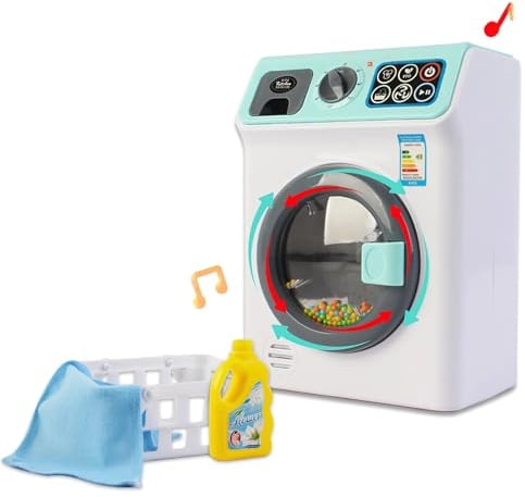 deAO Waschmaschine Spielzeug Set für Kinder, Meine Erste Waschmaschine mit Originalgeräusche, Wäschekorb und Reinigungszubehör | Blau