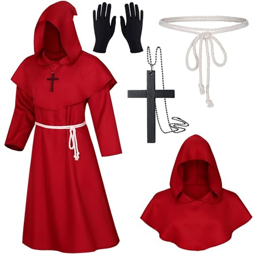 XCMVCN Mönch Robe Mittelalter Renaissance Robe, Herren Kapuze Mönch Robe Priester Kostüm, mit Kreuz-Halskette, Handschuhe und Kordel,Halloween, Karneval und Rollenspiel Kostüme(Rot，XXL)