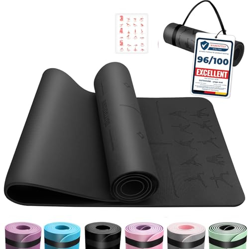 Yoga Matte 6 mm TPE rutschfest mit Ausrichtungslinien | Mit Yoga-Posen, Ausrichtungslinien, Trageriemen,für Yoga, Pilates, Home,Stretching und Workout Sportmatte