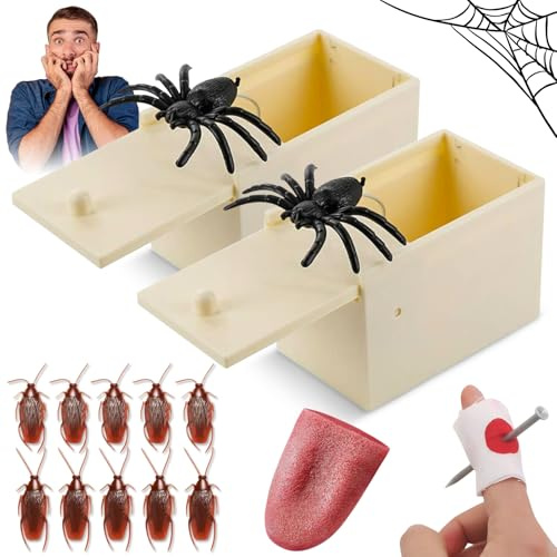 14 Stück Scherzartikel Set,Prank Artikel:2xSpinne Spielzeug In Box,1xFake Zunge,10xKakerlakak,1xNagel-durch-den-Halloween Finger Trickrequisite,Party- &Scherzartikel für Halloween Aprilscherz Karneval