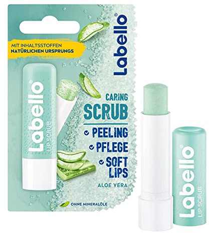 Labello Lip Scrub Aloe Vera (5,5 ml), innovative Lippenpflege mit Scrub-Partikeln natürlichen Ursprungs, sanftes Lippenpeeling mit Vitamin E