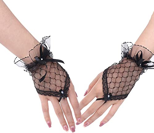 Carufin Brauthandschuhe Hochzeitskleid Handschuhe Fingerlose Spitzenhandschuhe Kurz gestrickte Strickhandschuhe (Schwarz)