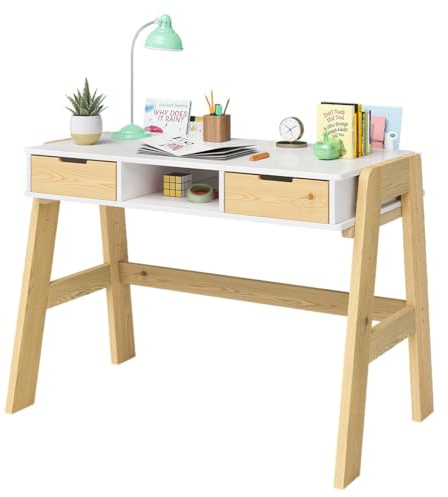 Bellabino Campo Kinderschreibtisch höhenverstellbar, Weiß, 2 Schubladen | 56-75 cm, Schreibtisch Kinder ab 6 Jahren, viel Stauraum, Schülerschreibtisch, Kiefer Massivholz, Kinderzimmer, Lerntisch