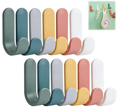 Zerabidpro 12 Stück Bunte haken selbstklebend Wandhaken - Multifunktionale Kleiderhaken für Küche, Bad, Büro und Kinderzimmer, Stark Haftende Handtuchhaken ohne Bohren, Belastbar bis 1kg