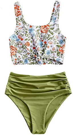 ZAFUL Damen Zweiteiliger Tankini, gepolsterter Bikini mit Blumenmuster Schnür-Tankini Oberteil hochtaillierte Shorts Badeanzug