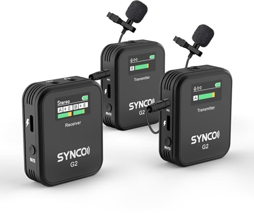 SYNCO Wireless Lavalier-Mikrofon, G2(A2) 2.4G Dual Transmitter 48KHz 24Bit Kabelloses Ansteckmikrofon 200m 8H für Online-Kurse Vlogs Streaming für Kamera Smartphone Tablet
