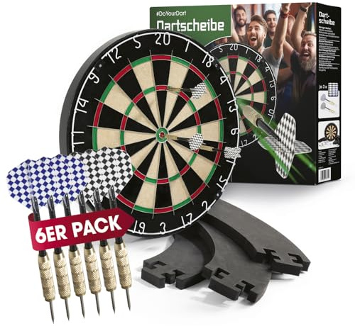 #DoYourDart Dartscheibe | 6 Dartpfeile – Steeldart inkl. Flight | Dart Komplett-Set | Sisal Dartscheibe mit Dart-Surround | Dartboard – selbstschließende brasilianische Sisalfasern