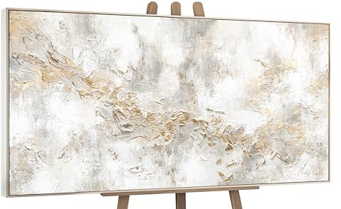 YS-Art Luxus Abstrakt Acryl Gemälde auf Leinwand Geschichte handgemalt Wandbilder Wohnzimmer modern Wohndekor Bilder Büro Gold Grau Beige echte Kunst mit Rahmen 140x70 cm