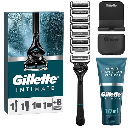 Gillette Intimate Rasierset für Männer, Nassrasierer Herren — Inkl. 8 Rasierklingen + 2in1 Rasier und Duschcreme für den Intimbereich (177 ml) + Inklusive Duschhalterung & Reiseetui