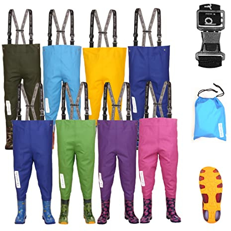 3Kamido Kinderwathose, Jugendliche Kinder Brust Wathose - 10 Modelle, verstellbare Taille, strapazierfähige Hosenträger, Schnalle Nexus, Kinder Angeln Stiefel 20 – 35 EU (Moro Grün, 34/35)