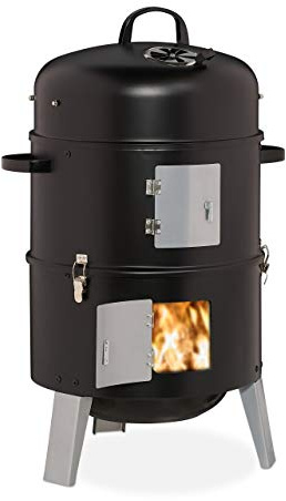 Relaxdays Smoker 3in1, zum Grillen, Räuchern & Garen, Thermometer & Luftabzug, BBQ Räuchertonne: ∅ 40 cm, Stahl, schwarz