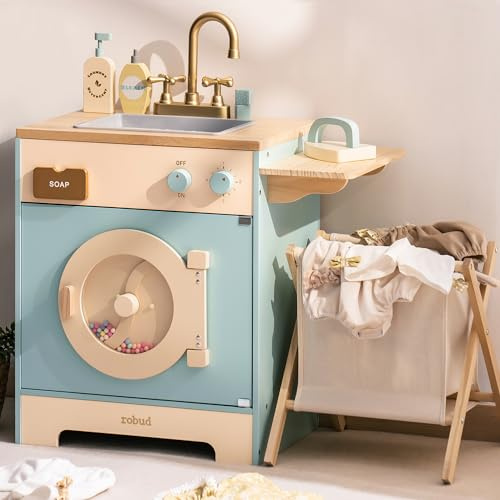 ROBUD Kinder-Waschmaschine aus Holz mit Wäschekorb, Bügelbrett, Waschmittel und mehr, geeignet für Kinder ab 3 Jahren.