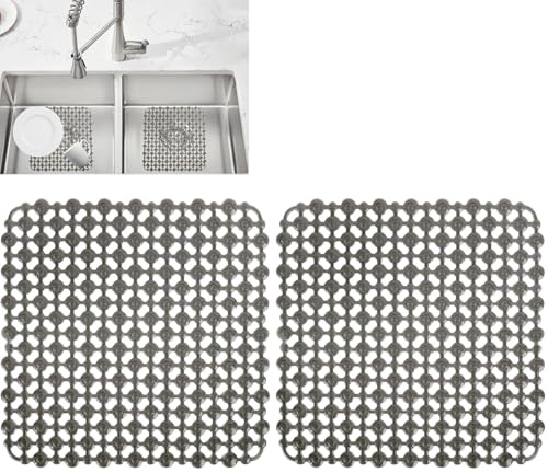 2 Stück Spülbeckeneinlage, 28 x 28 cm Selbst Zugeschnittene Spülbeckenmatte | PVC Spülbeckenschutz Matte für Küchenspülen, Schnell Abtropfende, für Geschirr, Glaswaren, Gemüse, Grau