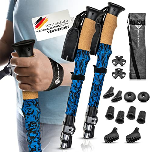 HrubyRoad® Wanderstöcke Teleskop Faltbar | Nordic Walking Stöcke Damen und Herren | Ultrastabile Trekkingstöcke [mit 6 Aufsätzen] | Echt Kork Griff