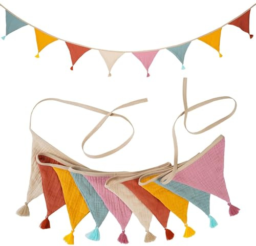 Stoff-Wimpelkette, doppelseitiges Stoff-Dreieck-Banner, mehrfarbig, dreieckige Stoffgirlande mit Quaste, Gartenwimpelkette für Hochzeit, Party, Mädchen, Jungen, Geburtstag, Schlafzimmer, Dekoration