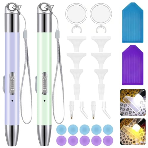 CoKeeSun 2 Stück Diamant Malerei Bohrstift Set LED,Diamond Painting Stift USB Wiederaufladbar mit 2 Beleuchtungsmodi, 5D Drill Pen für Nagel Kunst DIY Handwerk Dekoration(Violett,Grün)