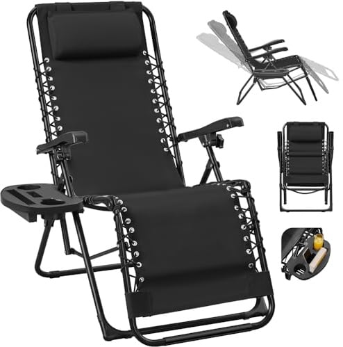 Yaheetech 2er Set Sonnenliege Liegestuhl Klappbar Gartenliege mit Kopfkissen & Becherhalter Tragbare Relaxliege für Strand/Garten/Balkon, Schwarz