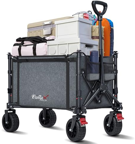COMLAX FIELD Bollerwagen Faltbar mit Große All Terrain Räder, 120L 100KG Klappbarer Bollerwagen mit Bremsen, Strandwagen Für Strand Garten Camping Shopping, Grau
