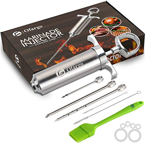 Ofargo Edelstahl Fleischspritze mit 3 Marinadeneinspritznadeln für Holzkohlegrills, 59 ml Fassungsvermögen, inklusive Bedienungsanleitung Geschenk für Männer und Frauen, die gerne grillen